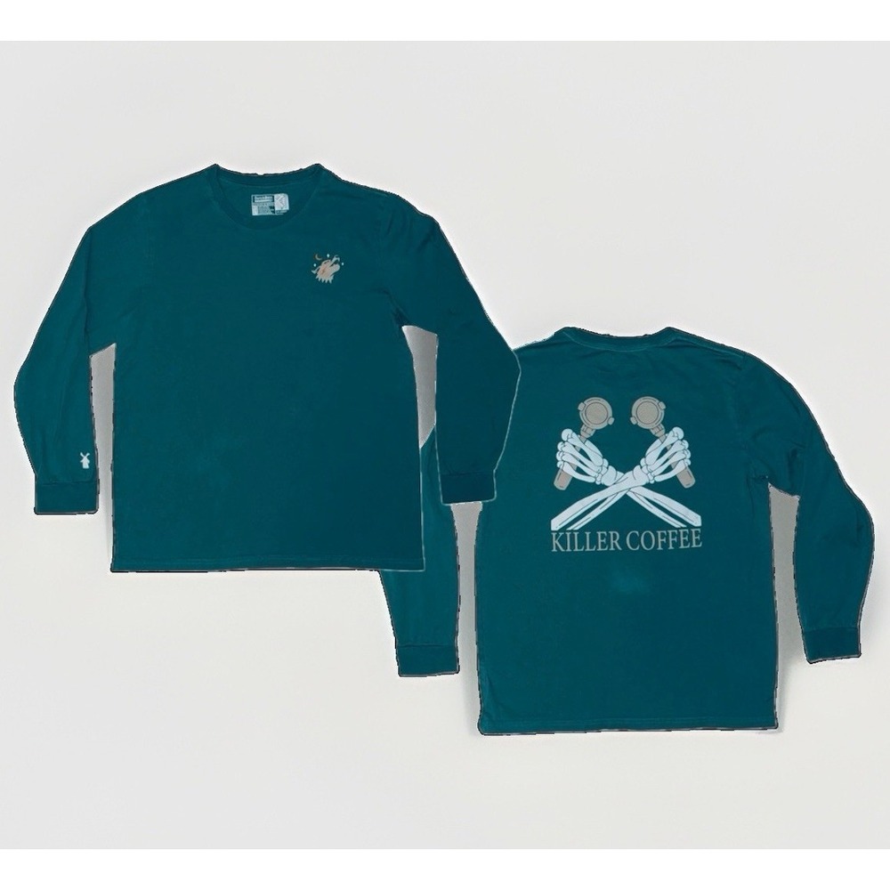 Dutch Bros Killer Coffee Shirt Mens XL Green Long Sleeve Skeleton Wolf Graphic